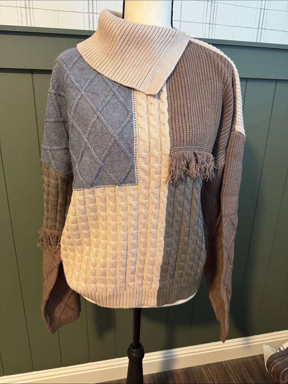 Hem & Thread Neutral Tone Patchwork Cable-Knit Turtleneck Sweater